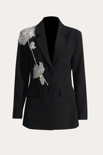 Sparkly Black Beaded Hakket Lapel Women Prom Blazer